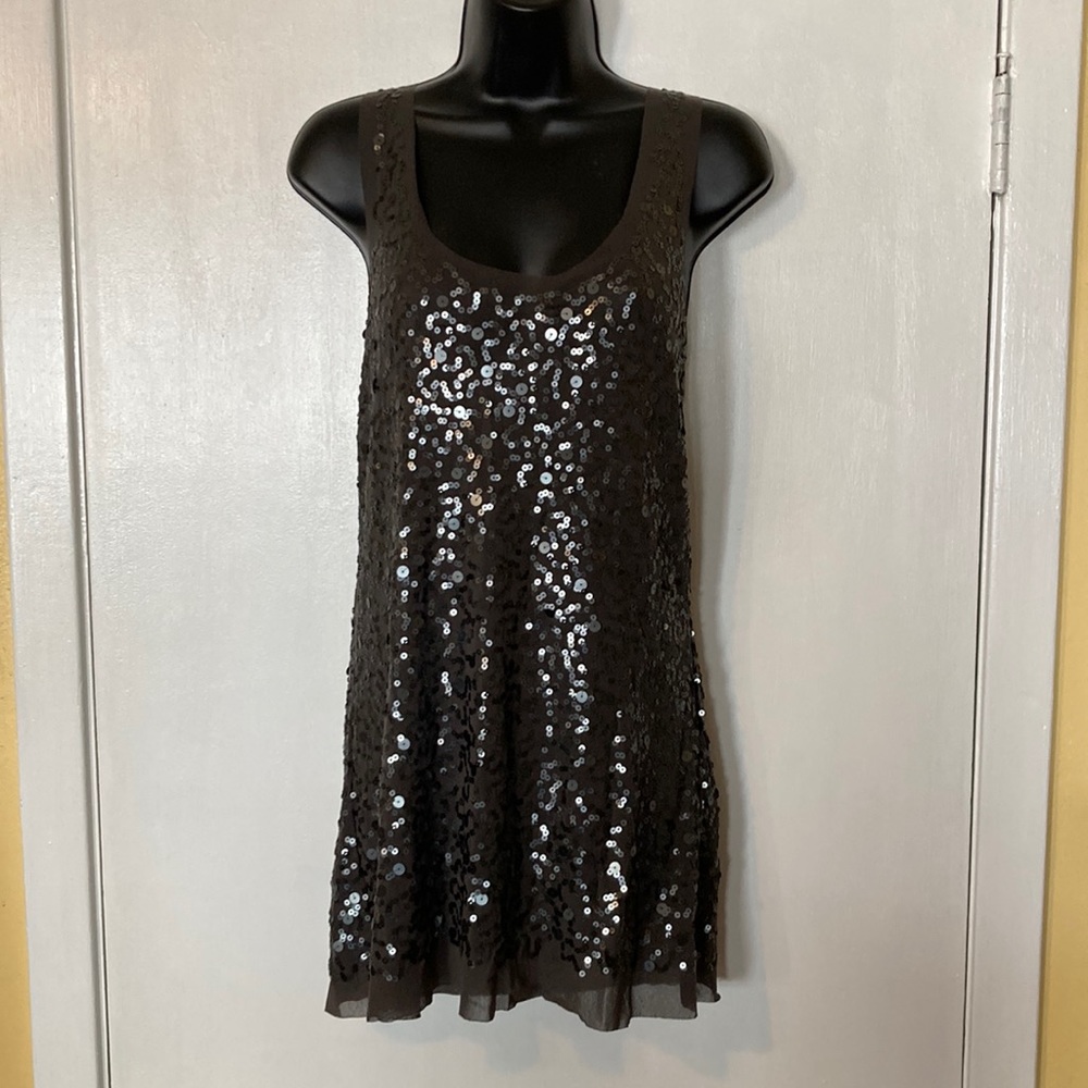 Max Studio Dark Grey Sequin-Stitched Hand-Cut Extra Long Sleeveless Top